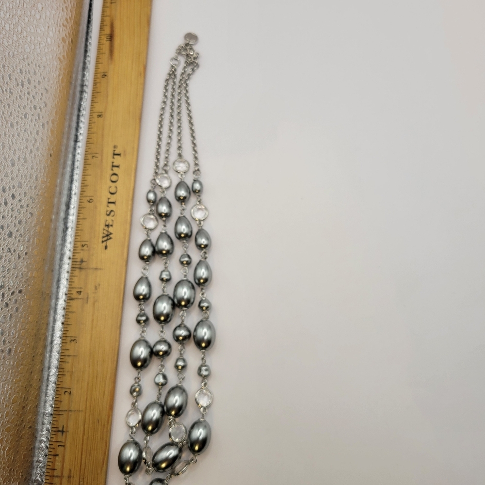 Talbots double strand silver heavy oval bead necklace bezel set clear rhinestone - Picture 5 of 11